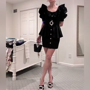 Alessandra Rich couture black minidress dress w/ crystal buckle and puff sleeves